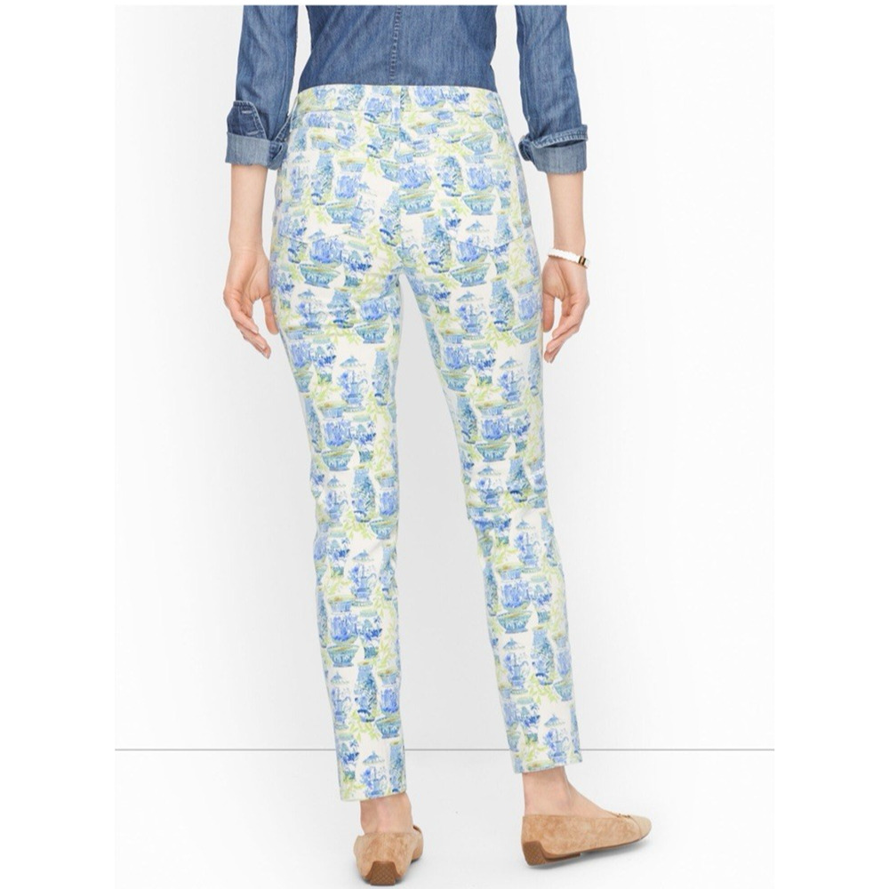 Talbots Jeans Womens Slim Ankle 10‎ Blue Green Watercolor Vases Pants Stretch++